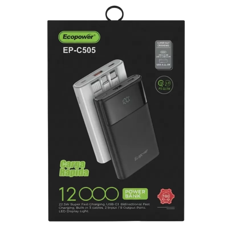 Cargador Portátil Ecopower EP-C505 12.000mAh 22.5W - Black