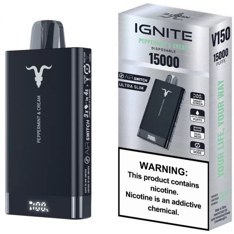 Vaper Descartable Ignite V150 5% Nicotina 15000 Puffs - Peppermint & Cream