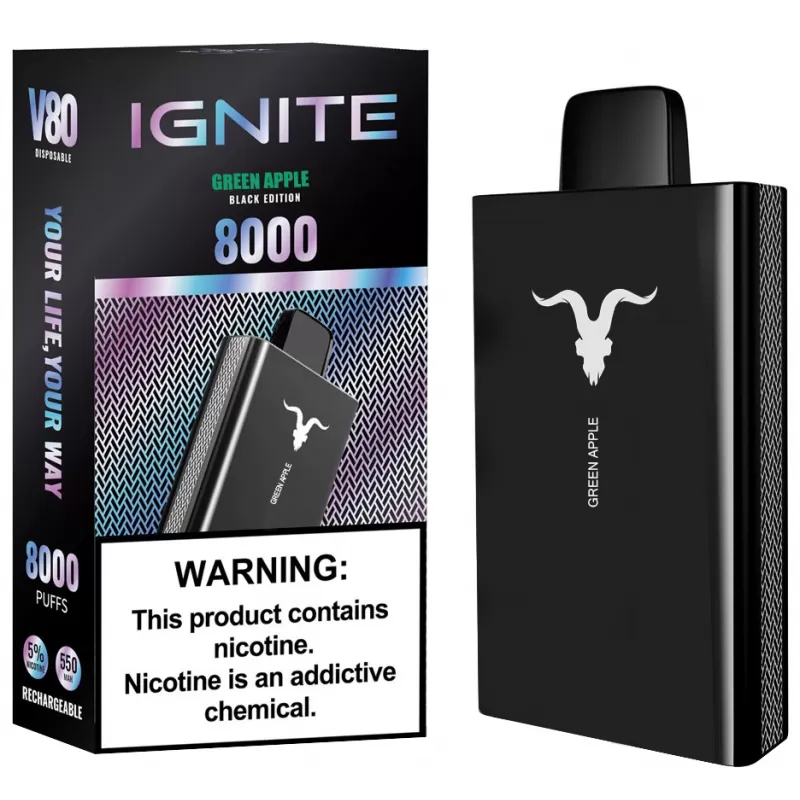 Vaper Descartable Ignite V80 Black Edition 5% Nicotina 8000 Puffs - Green Apple