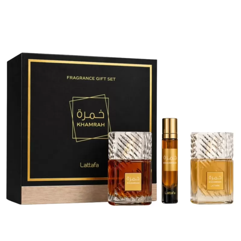 Kit Perfume Lattafa Khamrah EDP 100mL + Travel Spray 12mL + Fresh Hair Mist 50mL - Unisex