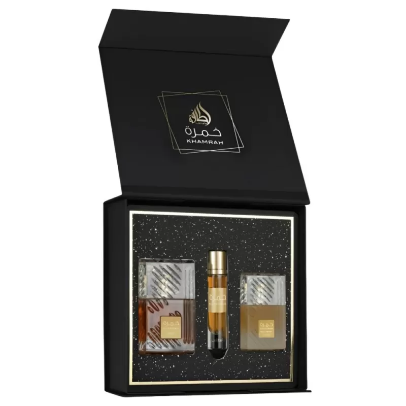 Kit Perfume Lattafa Khamrah EDP 100mL + Travel Spray 12mL + Fresh Hair Mist 50mL - Unisex