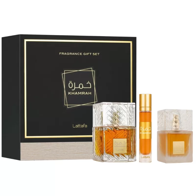 Kit Perfume Lattafa Khamrah EDP 100mL + Travel Spray 12mL + Fresh Hair Mist 50mL - Unisex
