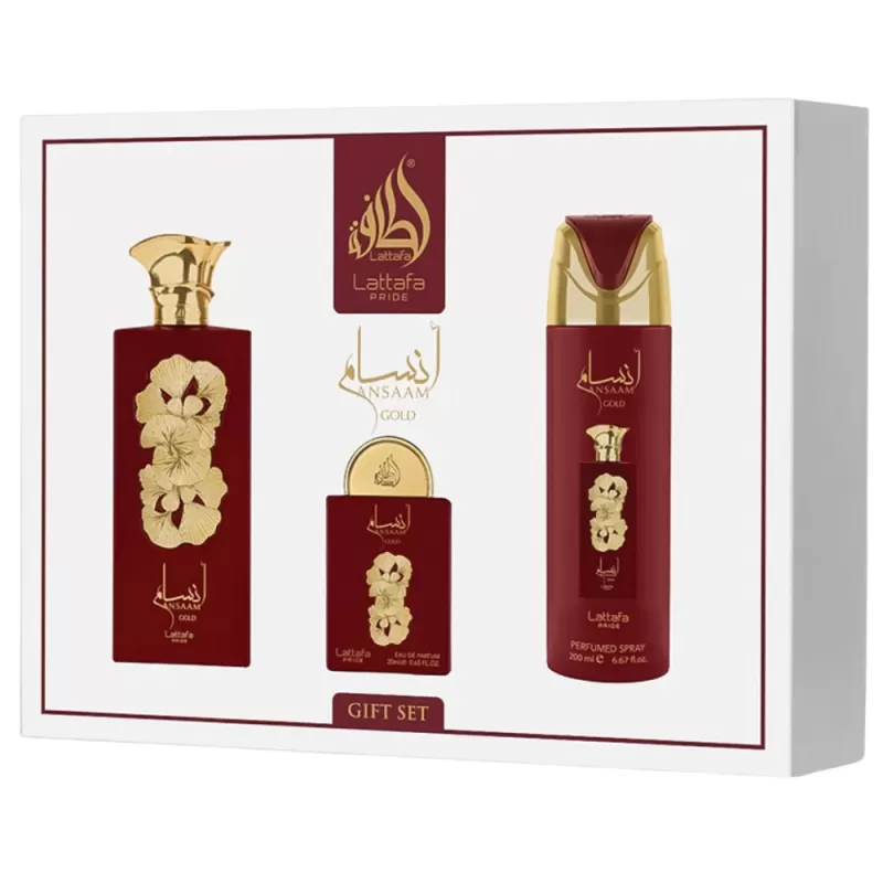 Kit Perfume Lattafa Pride Ansaam EDP 100mL + Mini Perfume 20mL + Spray 200mL - Femenino