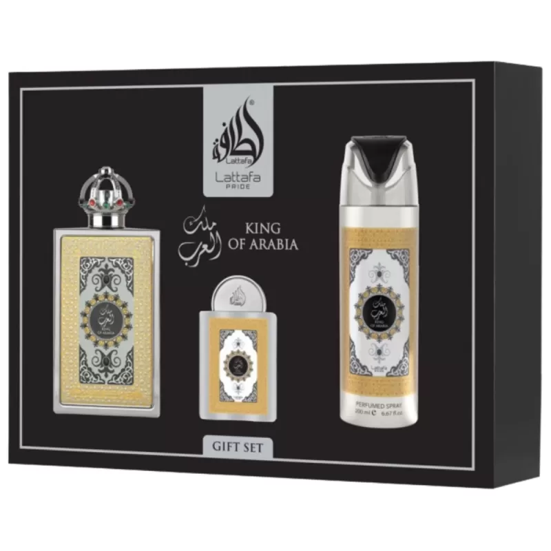 Kit Perfume Lattafa Pride King of Arabia EDP 100mL + Mini Perfume 20mL + Body Spray 200mL - Masculino