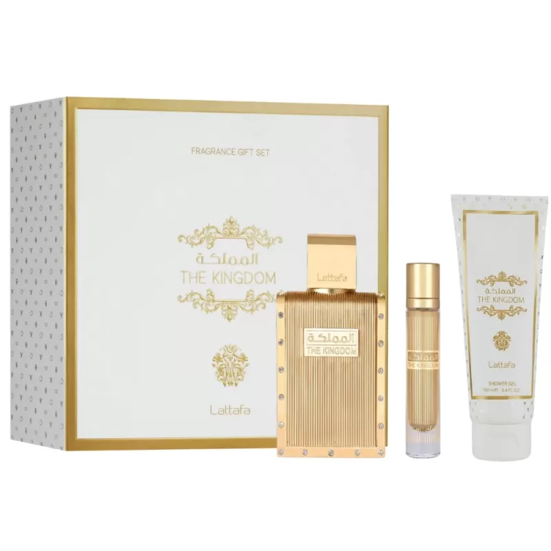 Kit Perfume Lattafa The Kingdom EDP 100mL + Travel Spray 12mL + Shower Gel 100mL - Masculino