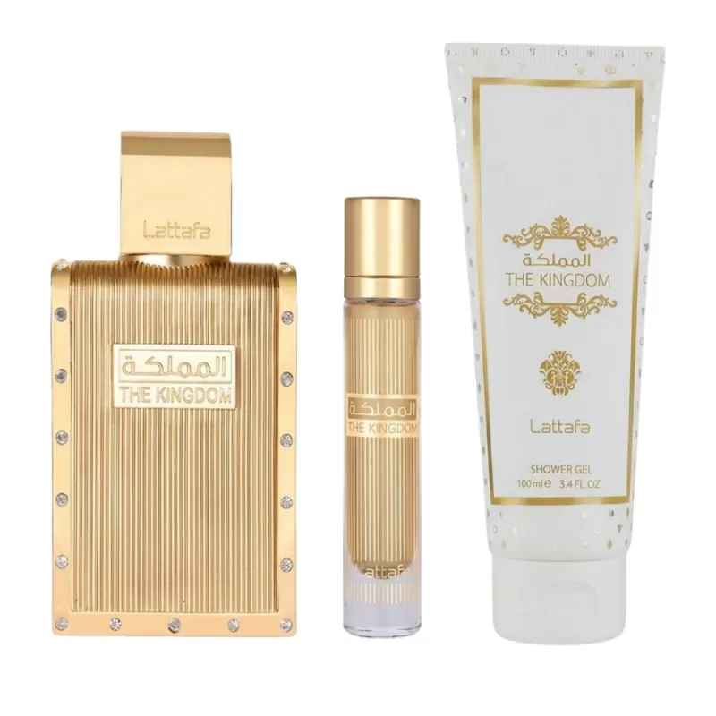 Kit Perfume Lattafa The Kingdom EDP 100mL + Travel Spray 12mL + Shower Gel 100mL - Masculino