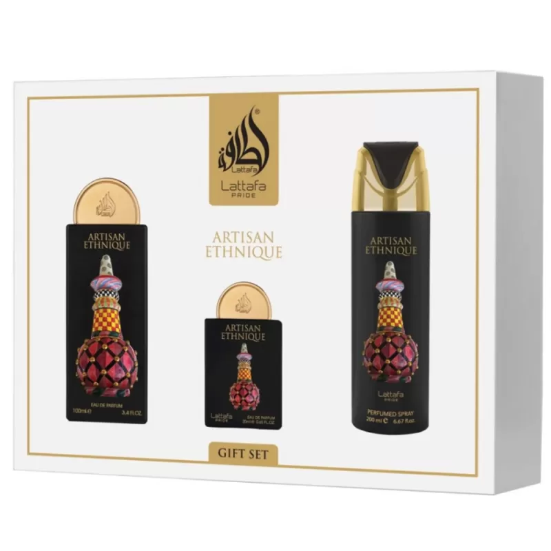 Kit Perfume Lattafa Pride Artisan Ethnique EDP 100mL + Mini Perfume 20mL + Spray 200mL - Unisex