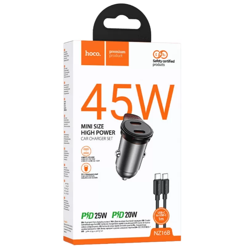 Cargador Vehicular Hoco NZ16B 45W USB-C/USB-C - Metal Grey