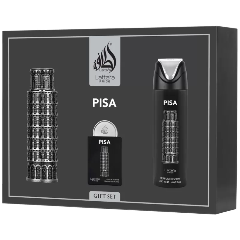 Kit Perfume Lattafa Pride Pisa EDP 100mL + Mini Perfume 20mL + Spray 200mL - Masculino