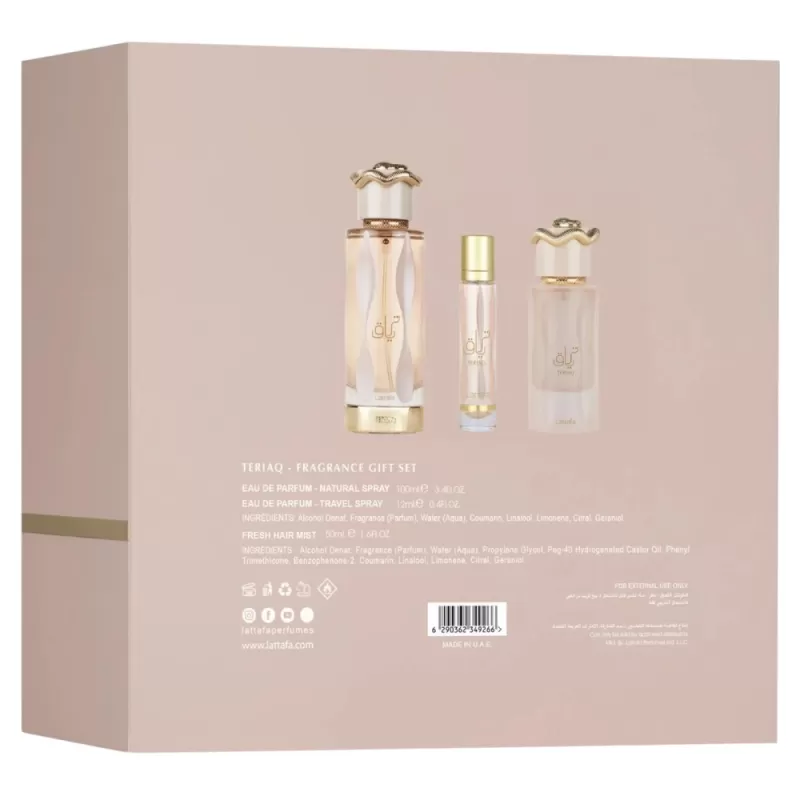 Kit Perfume Lattafa Teriaq EDP 100mL + Travel Spray 12mL + Fresh Hair Mist 50mL - Unisex