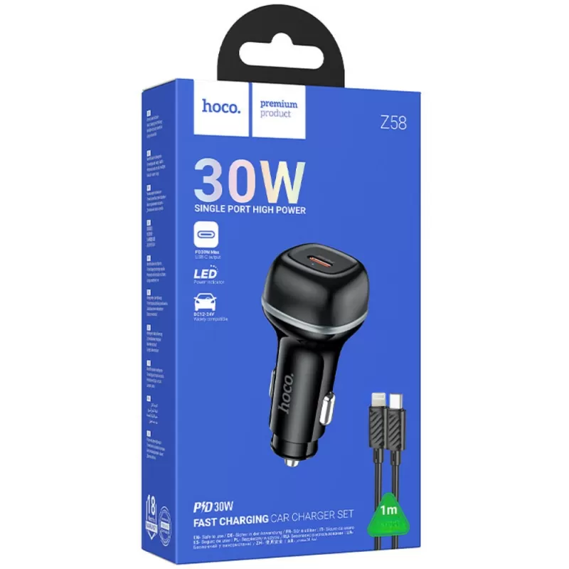 Cargador Vehicular Hoco Z58 30W USB-C/Lightning - Black
